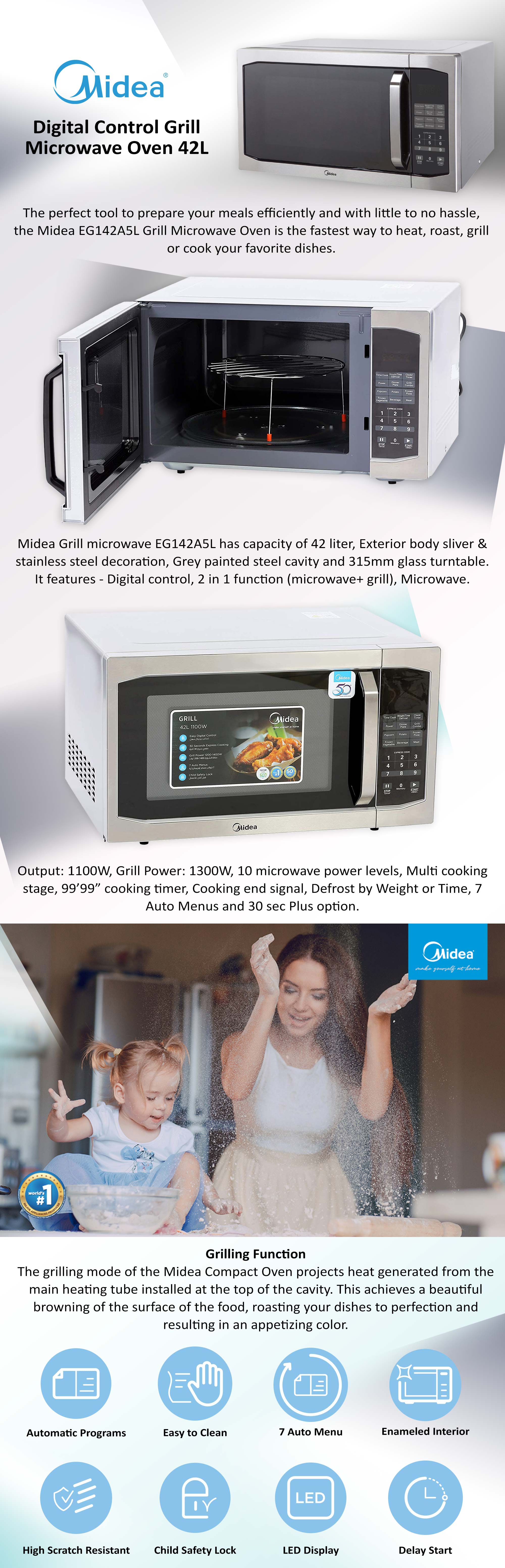Microwave Oven with Grill, Digital Touch Control,Child-Safety-Lock, 7 Auto Menus, LED Display with Timer, Grilling Roasting & Cooking Functions, Large Capacity 42 L EG142A5L Silver/Black