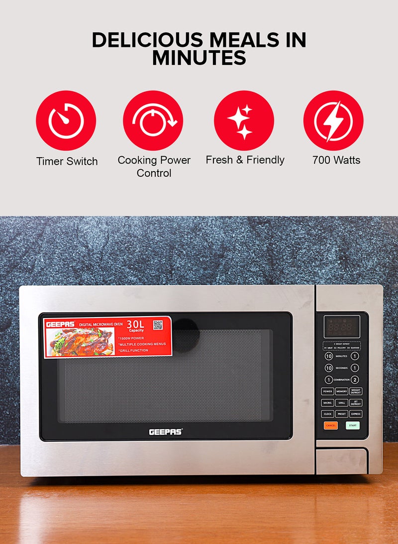 Digital Microwave Oven | Ideal For Grilling-Roasting-Heating 30 L 1000 W GMO1897 Silver & Black