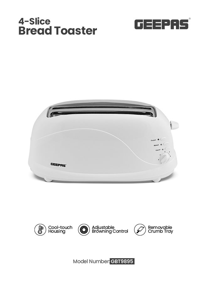 4 Slices Bread Toaster - Crumb Tray, Cord Storage, 7 Settings with Cancel, Defrost & Reheat Function |Removable crumb tray |2 years' warranty 1100 W GBT9895 White