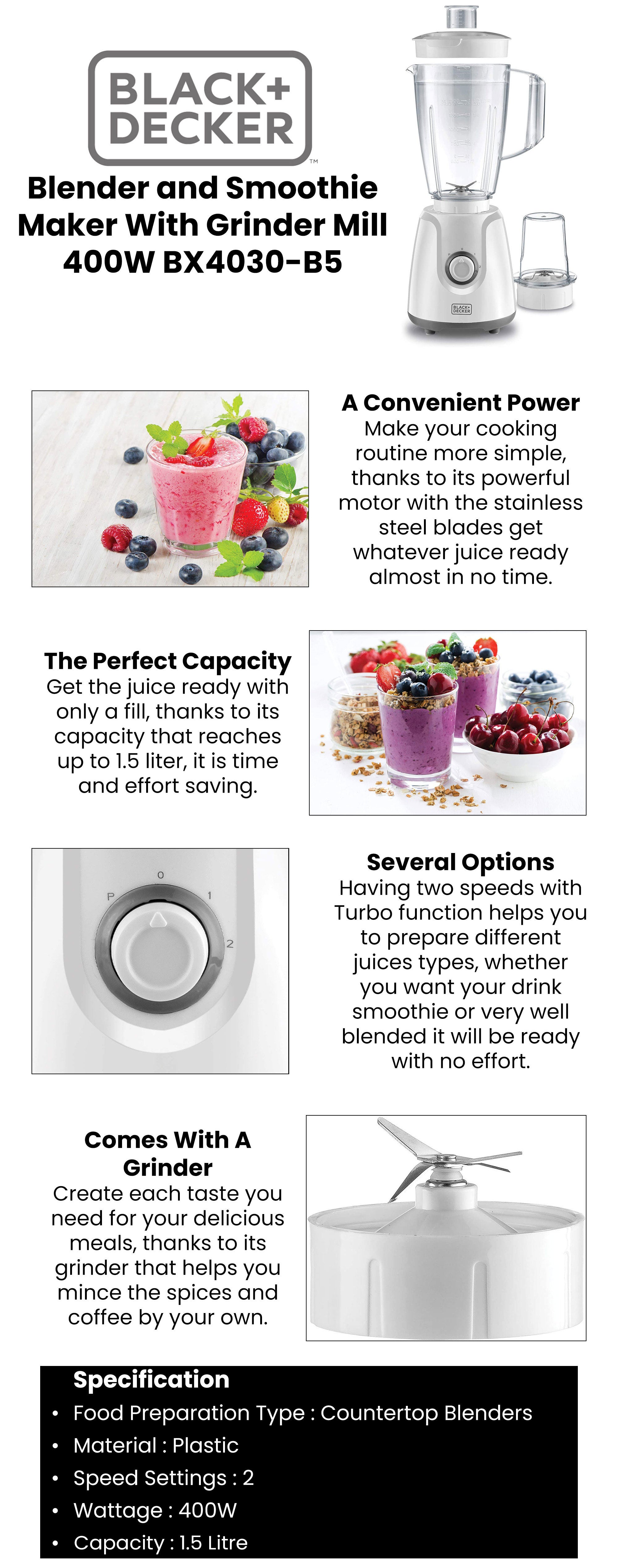 Blender with Grinder Mill, 1.5L Jar, Durable Stainless Steel Blades, 2-Speed + Pulse Function, Built-in Thermostat for Safety, Compact Design, Easy to Clean, 1.5 L 400 W BX4030-B5 White/Clear