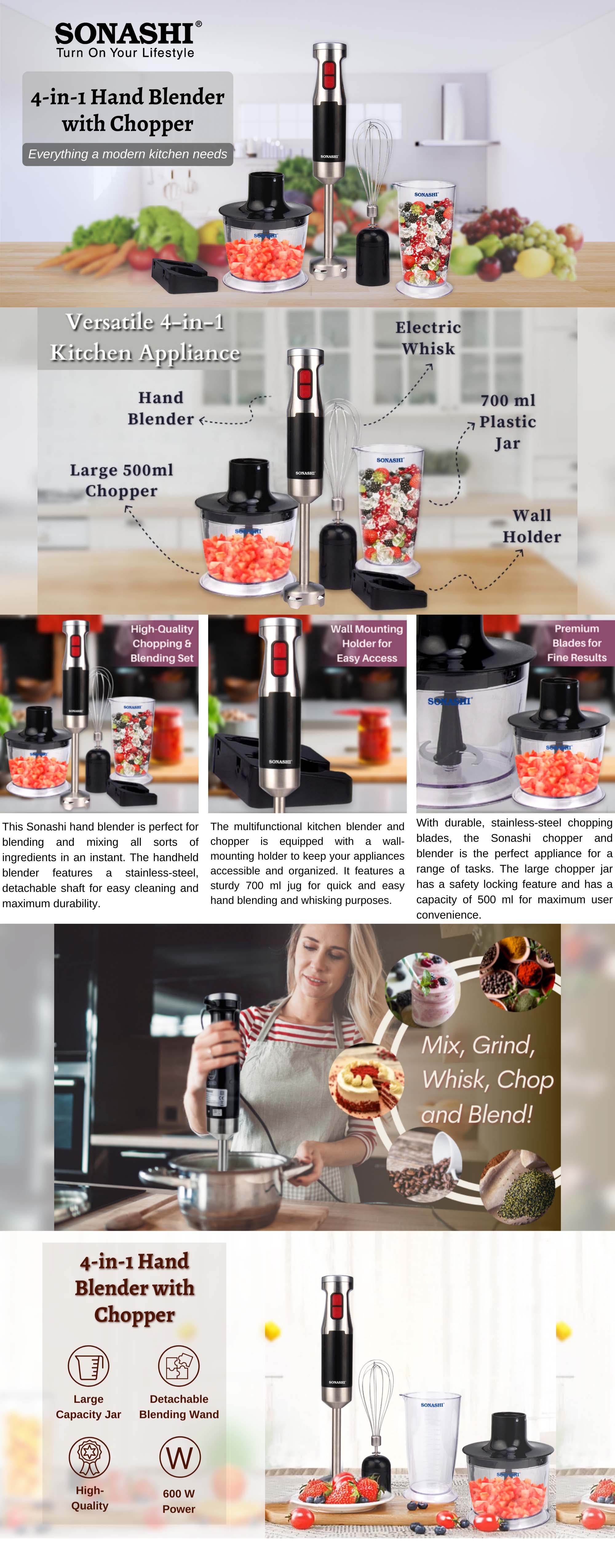 4-in-1 Hand Blender, Chopper, Whisker, Mixer - with Stainless Steel Shaft and Different Speed Control | Plastic Jar 700ML, Chopper 500 ML, Whisk and Robust Blending Wand SHB-179JBCW Black