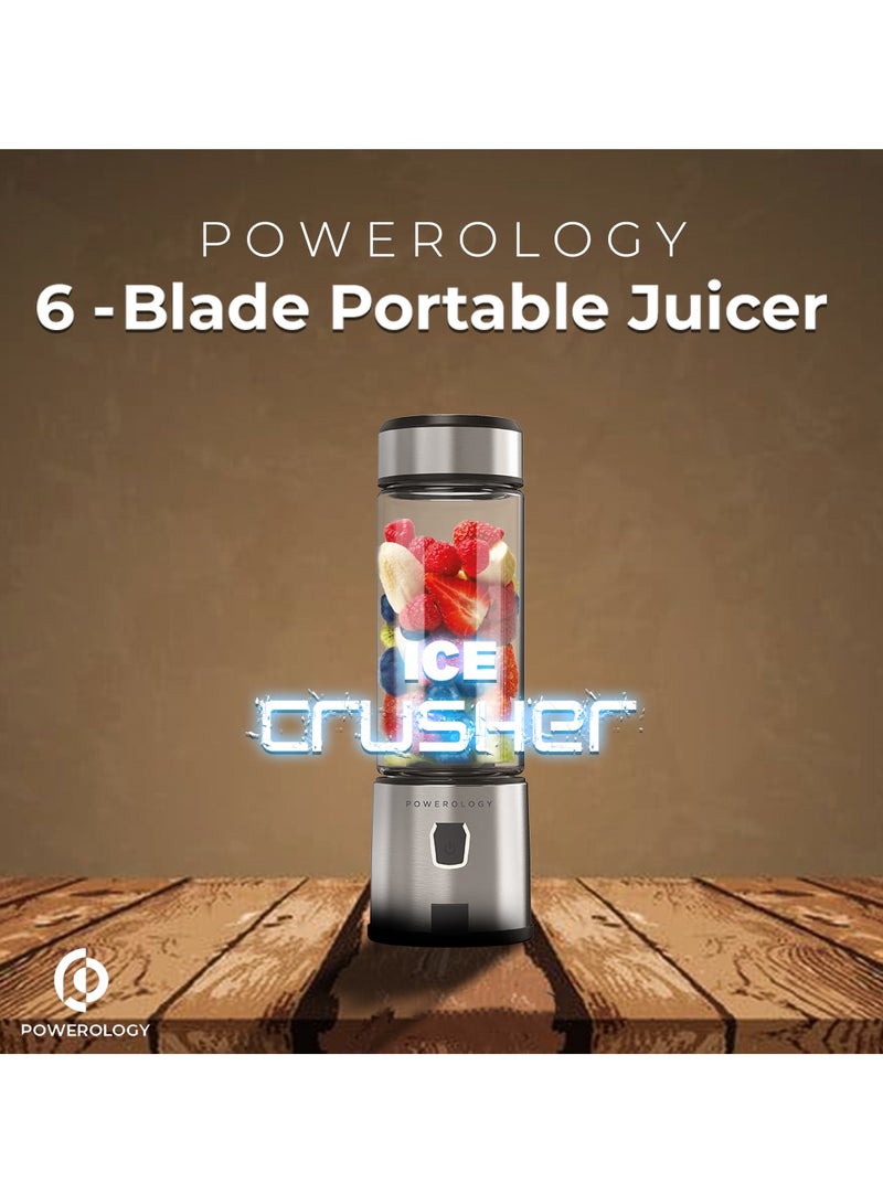 Portable 6 Stainless Steel Blades Juicer 126W Motor with 450ml Glass Container/2500mAh x2 Battery/ Up to 15 Drinks Per Charge - Silver