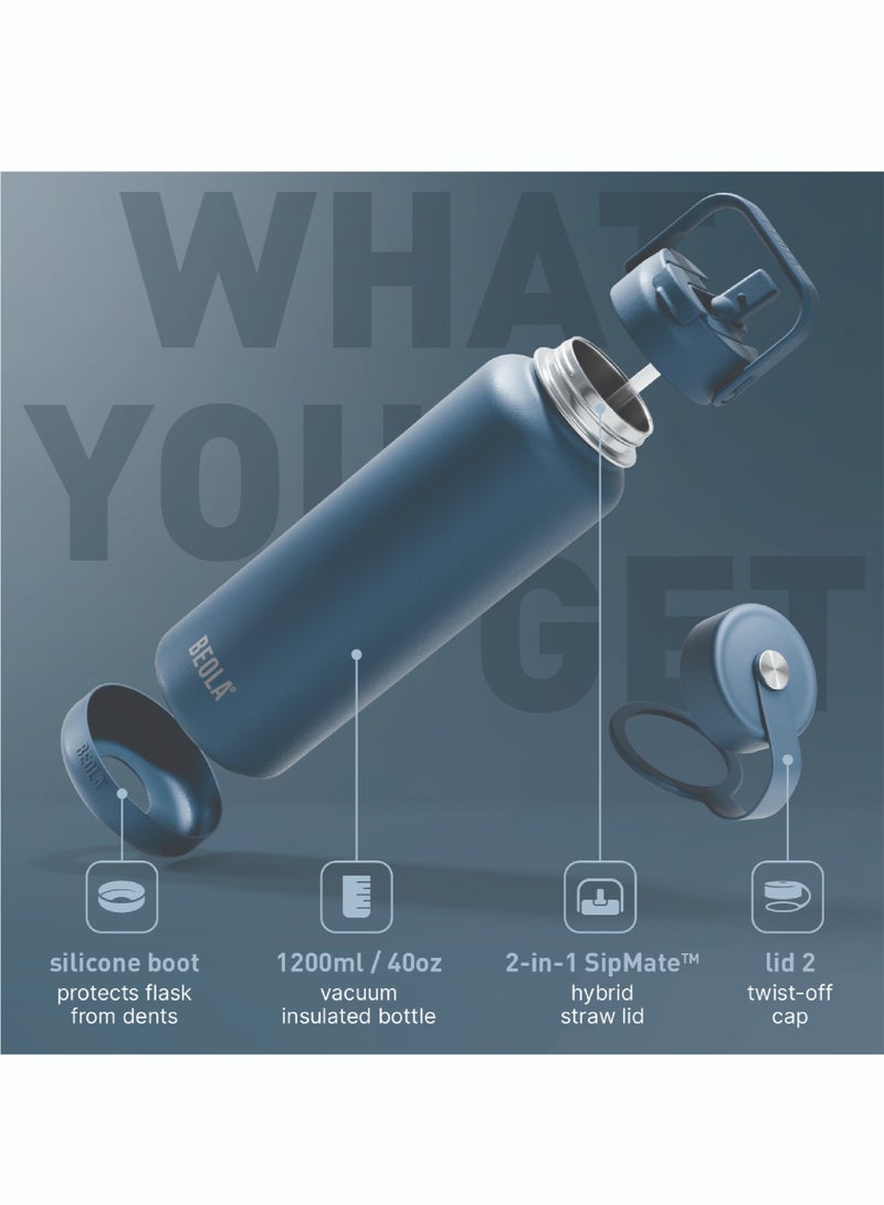 1200ml Vacuum Insulated Water Bottle, Double Walled Thermolab series Stainless Steel Water Drinking Flask with Straw Lid, 2 Lids included, Hot Cold Thermos, Sports Bottle 40oz (Marine Blue)