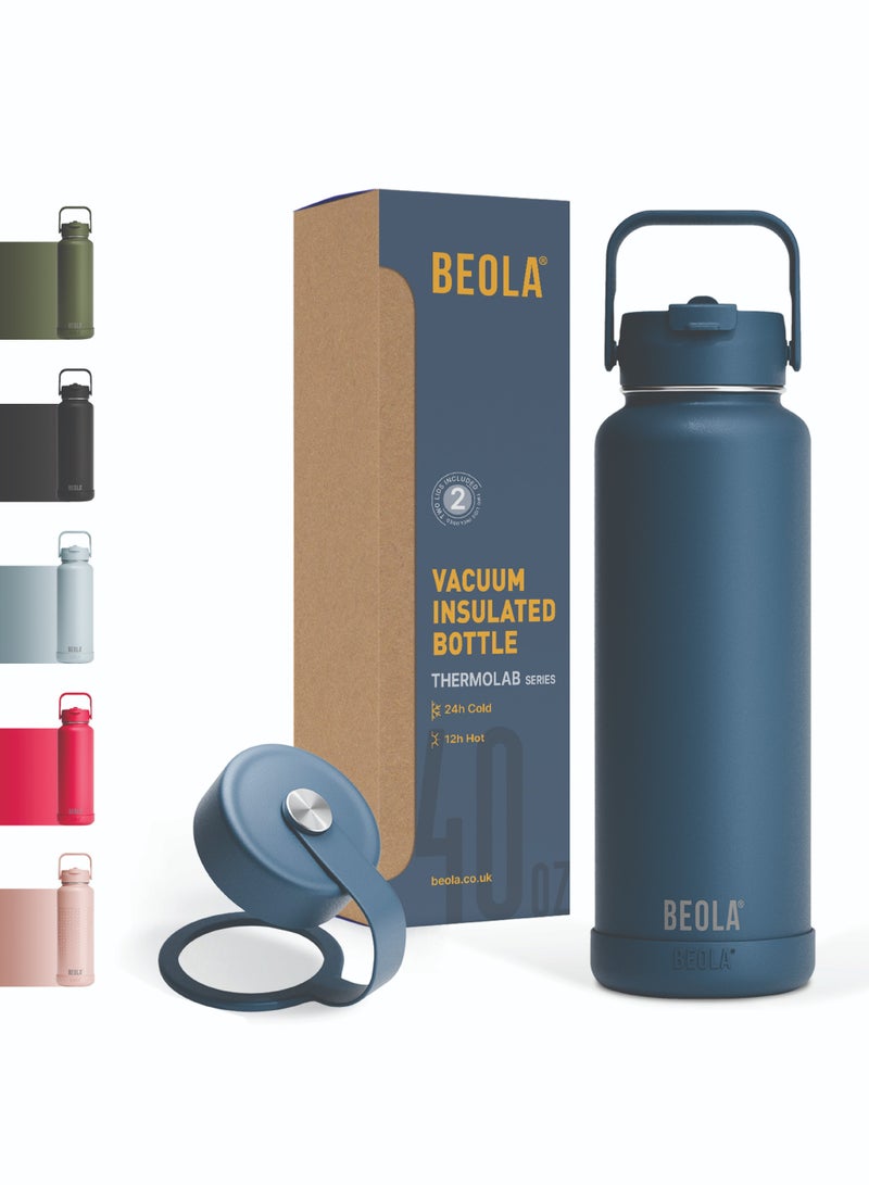 1200ml Vacuum Insulated Water Bottle, Double Walled Thermolab series Stainless Steel Water Drinking Flask with Straw Lid, 2 Lids included, Hot Cold Thermos, Sports Bottle 40oz (Marine Blue)