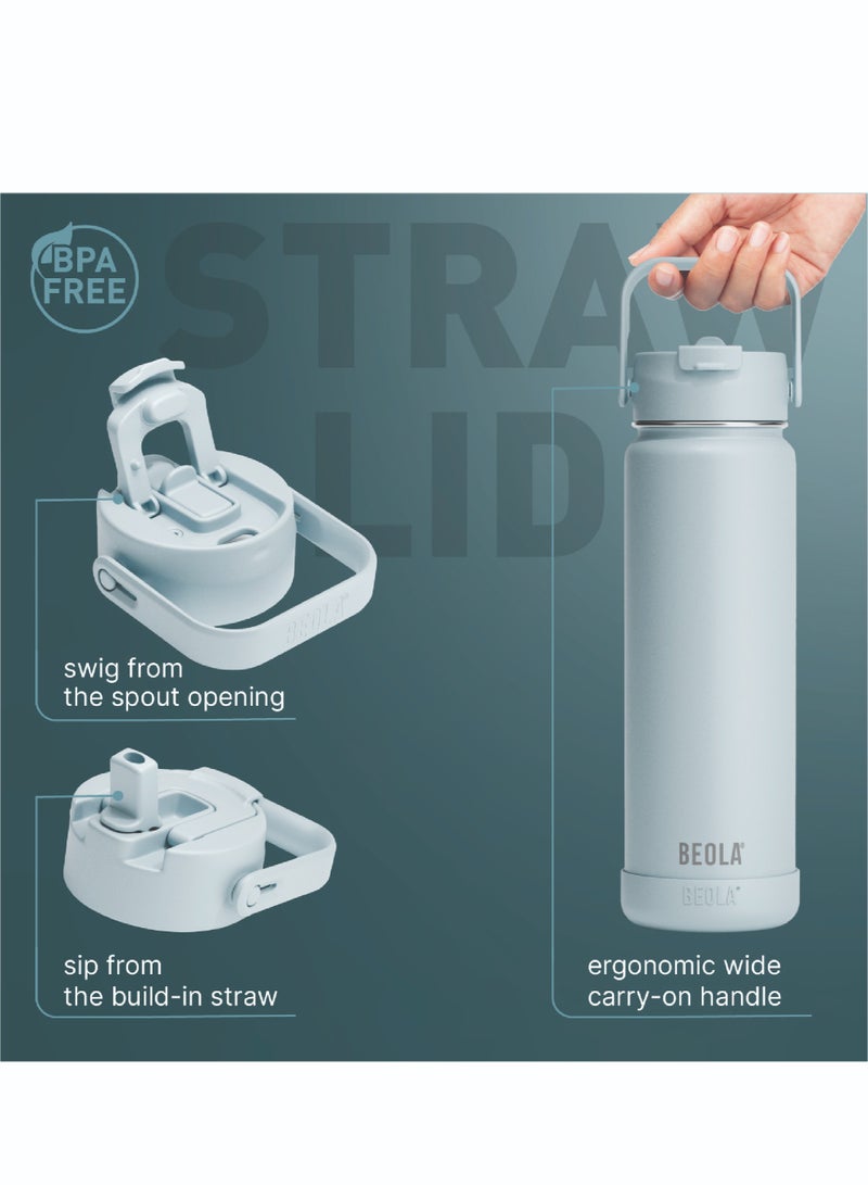 750ml Water Bottle 18/8 Stainless Steel 304 Double Wall Insulated Thermos Bottle with Straw Lid and wide mouth, 2 lids included, Hot Cold Liquids Sports Bottle, 24oz (Ice Blue)