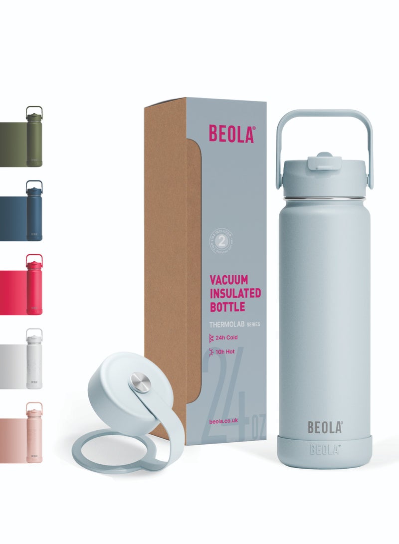 750ml Water Bottle 18/8 Stainless Steel 304 Double Wall Insulated Thermos Bottle with Straw Lid and wide mouth, 2 lids included, Hot Cold Liquids Sports Bottle, 24oz (Ice Blue)
