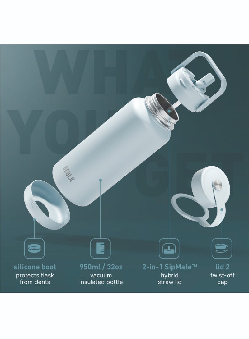 950ml Water Bottle 18/8 Stainless Steel 304 Double Wall Insulated Thermos Bottle with Straw Lid and wide mouth, 2 lids included, Hot Cold Liquids Sports Bottle, 32oz (Ice Blue)