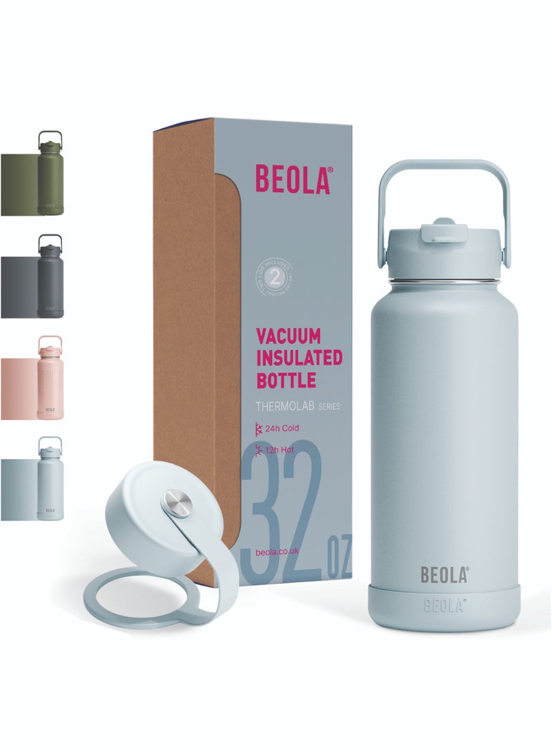 950ml Water Bottle 18/8 Stainless Steel 304 Double Wall Insulated Thermos Bottle with Straw Lid and wide mouth, 2 lids included, Hot Cold Liquids Sports Bottle, 32oz (Ice Blue)