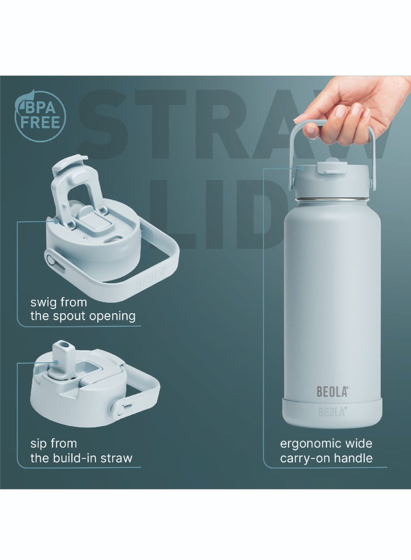 950ml Water Bottle 18/8 Stainless Steel 304 Double Wall Insulated Thermos Bottle with Straw Lid and wide mouth, 2 lids included, Hot Cold Liquids Sports Bottle, 32oz (Ice Blue)