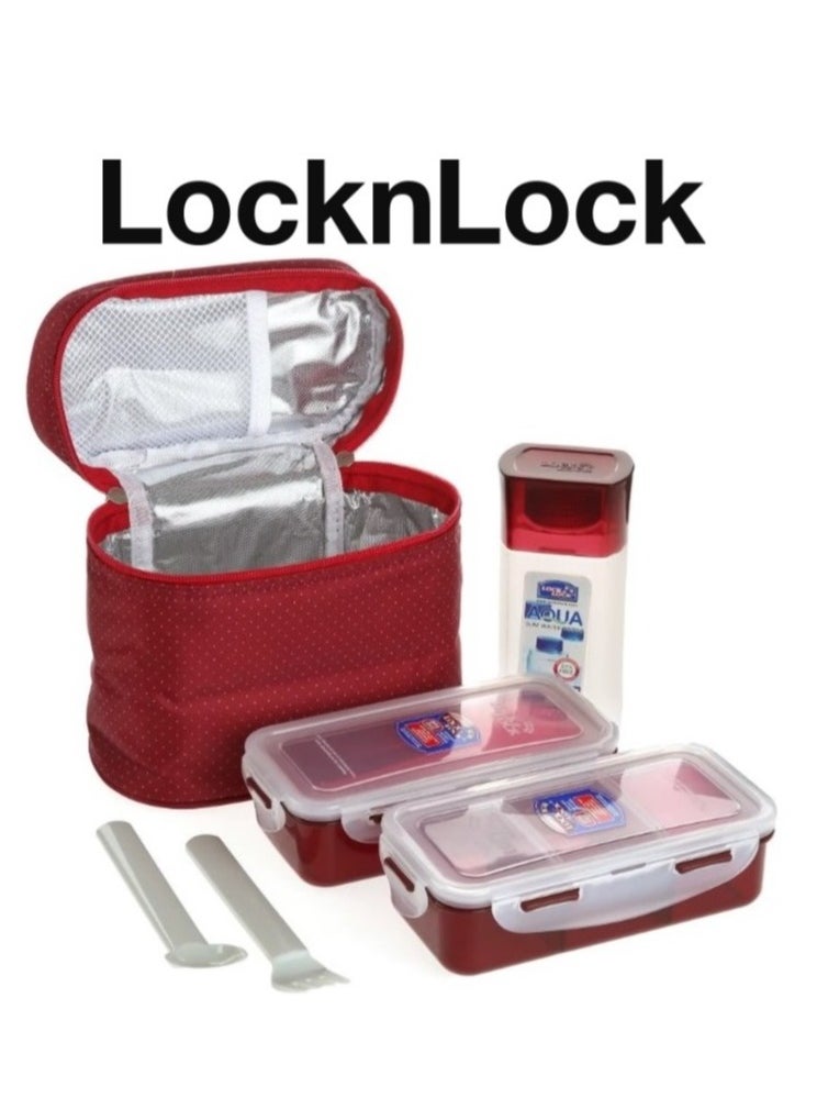 LocknLock 3PC Insulated Lunch Bag Set - Red, Airtight and BPA-Free Containers with Water Bottle