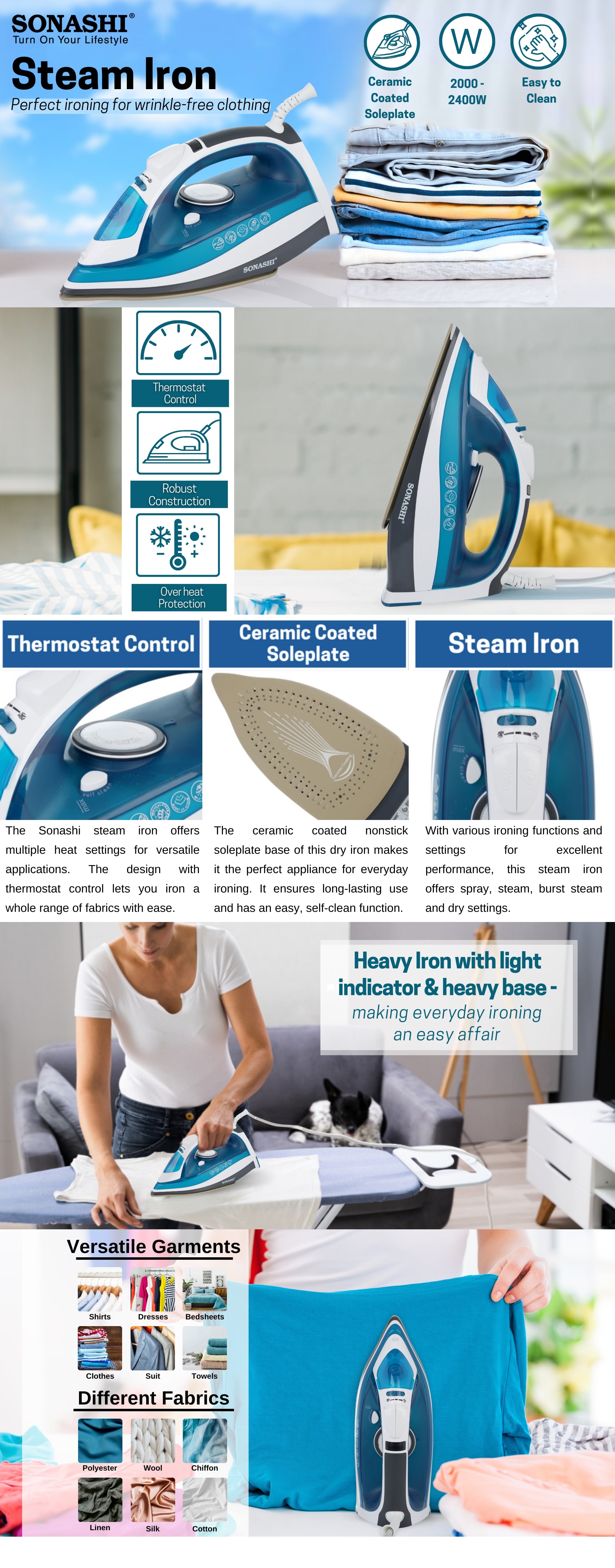 Electric Steam Iron with Ceramic Soleplate/Anti-Drip/Anti-Calc/Auto Shut-Off/LED Display and Self-Clean Function | 100% Active Steam Holes - Scratch-Resistant 2400 W SI-5075C Deep Blue/White