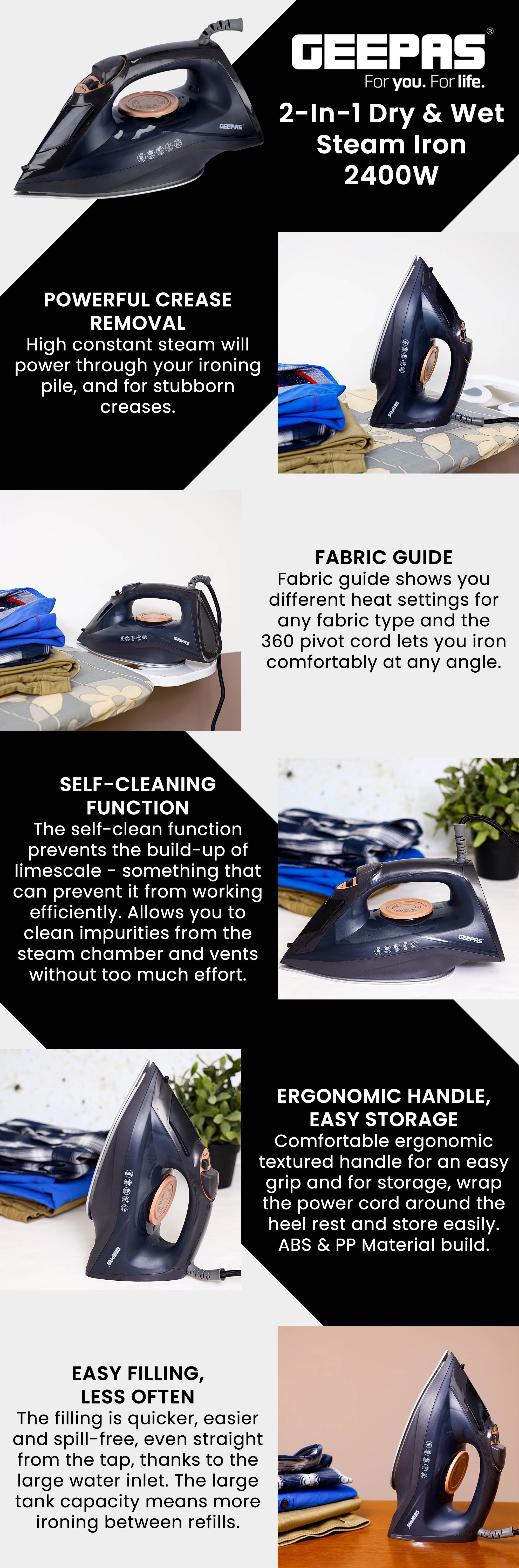 Dry and Wet Steam Iron with Self-clean function, Adjustable Temperature Control, Ceramic Soleplate, Dry/ Steam/ Burst of Steam/ Vertical Steam Function 220 ml 2400 W GSI7703N Black