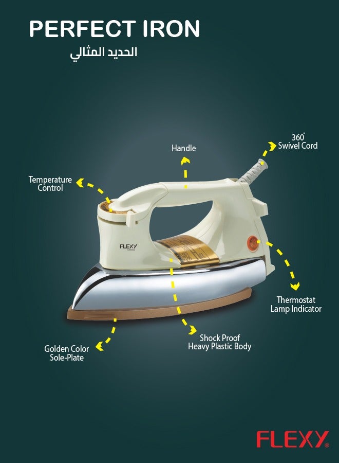Automatic Dry Iron: Super Deluxe Heavy Weight Iron Box with Temperature Settings Dial, Auto Shut Off Function, and Teflon Coating - Suitable for All Fabrics - White/Golden (2.5 kg, 1200 W)