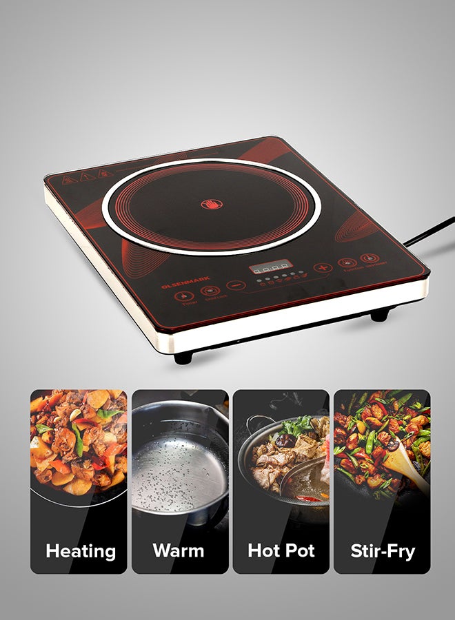 Digital Control Electric Infrared Cooker, Single Cooking Hob, Burner With Adjustable Temperature, Energy Saving/ Touch Control, 20 Settings, Stainless Steel Body and Tempered Glass Panel, 2 Years Warranty 2200 W OMIC2092M Black/Red