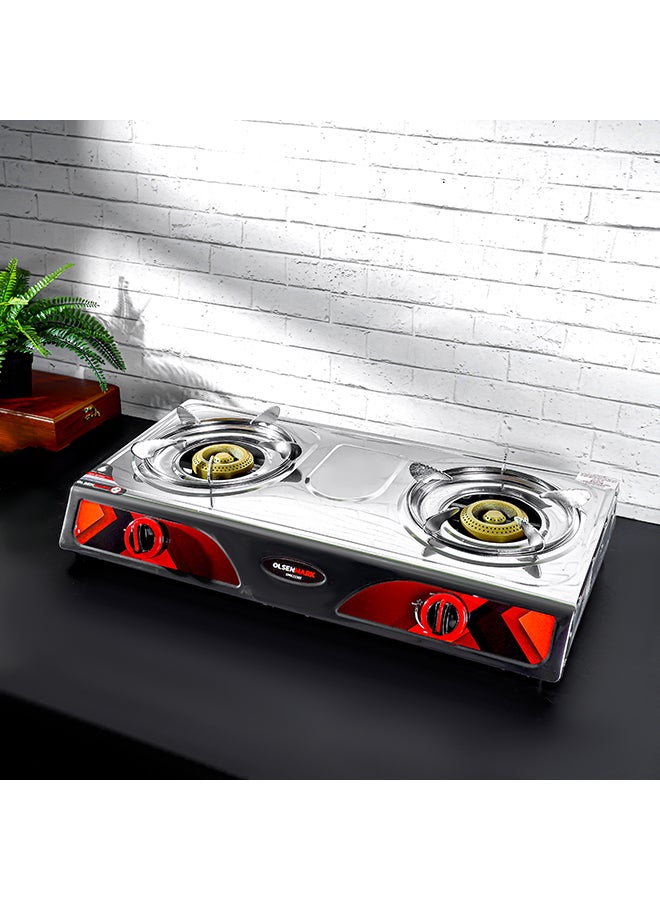 Double Burner Stainless Steel Gas Cooker OMK2230Z , Enamal Grate And Black Knob, Auto-Ignition Gas Cooker, Electroplated Pan Support, Low Gas Consumption And Efficient Burners OMK2230Z Silver