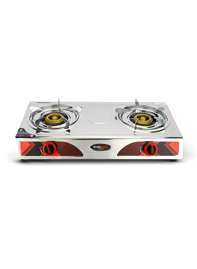 Double Burner Stainless Steel Gas Cooker OMK2230Z , Enamal Grate And Black Knob, Auto-Ignition Gas Cooker, Electroplated Pan Support, Low Gas Consumption And Efficient Burners OMK2230Z Silver