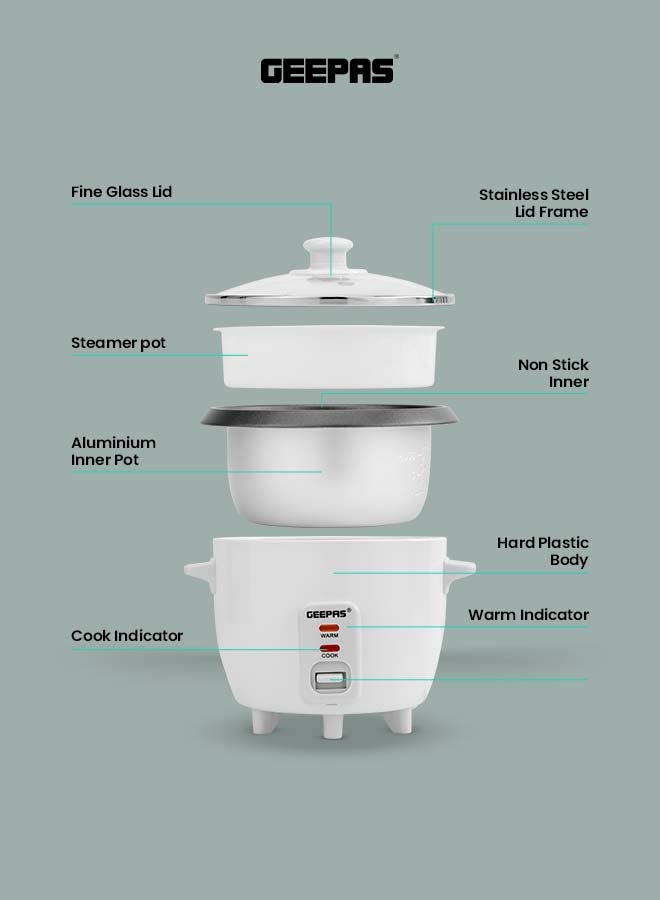 Multifunctional Rice Cooker With Non-Stick Inner Pot With Cool Touch Handle/Includes Cook And Keep Warm Functions, Equipped With Tempered Glass Lid, Rice Spoon, Plastic Inner Steamer And Measuring Cup 0.6 L 300 W GRC1828H White