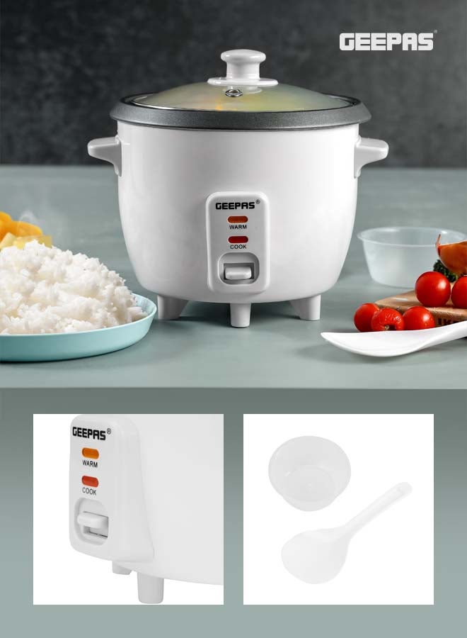 Multifunctional Rice Cooker With Non-Stick Inner Pot With Cool Touch Handle/Includes Cook And Keep Warm Functions, Equipped With Tempered Glass Lid, Rice Spoon, Plastic Inner Steamer And Measuring Cup 0.6 L 300 W GRC1828H White