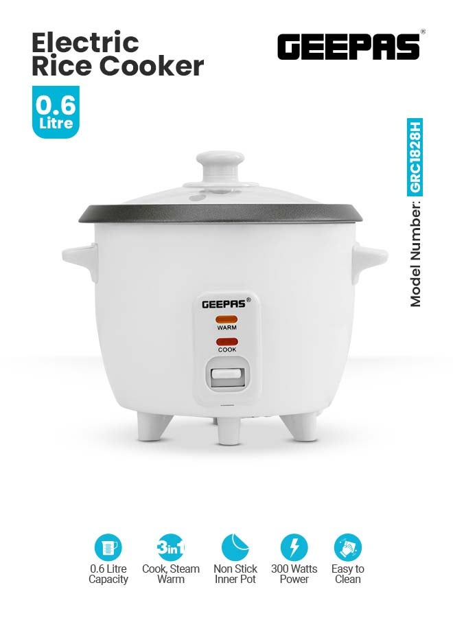 Multifunctional Rice Cooker With Non-Stick Inner Pot With Cool Touch Handle/Includes Cook And Keep Warm Functions, Equipped With Tempered Glass Lid, Rice Spoon, Plastic Inner Steamer And Measuring Cup 0.6 L 300 W GRC1828H White