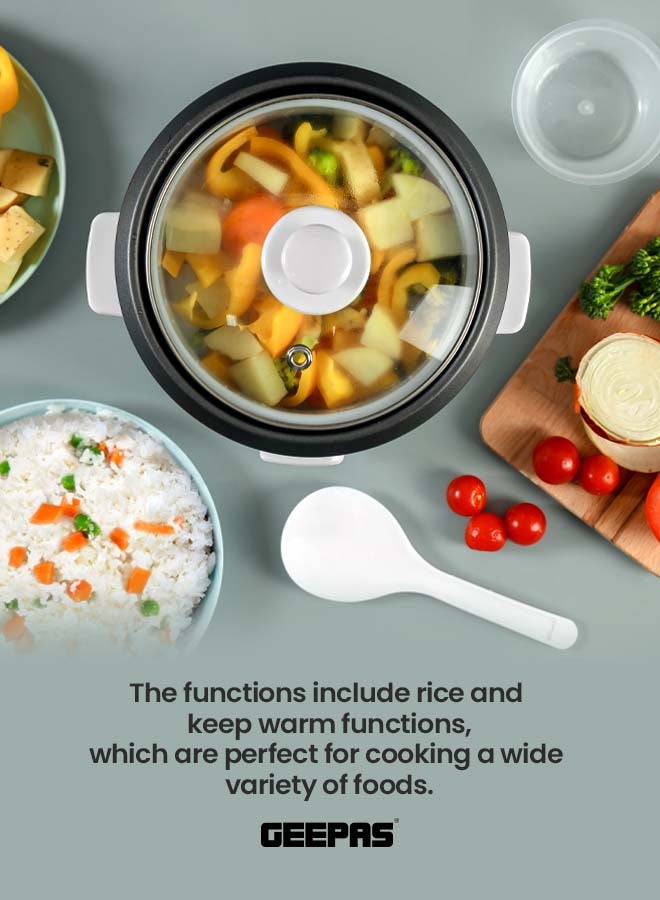 Multifunctional Rice Cooker With Non-Stick Inner Pot With Cool Touch Handle/Includes Cook And Keep Warm Functions, Equipped With Tempered Glass Lid, Rice Spoon, Plastic Inner Steamer And Measuring Cup 0.6 L 300 W GRC1828H White