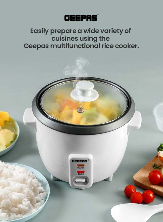 Multifunctional Rice Cooker With Non-Stick Inner Pot With Cool Touch Handle/Includes Cook And Keep Warm Functions, Equipped With Tempered Glass Lid, Rice Spoon, Plastic Inner Steamer And Measuring Cup 0.6 L 300 W GRC1828H White