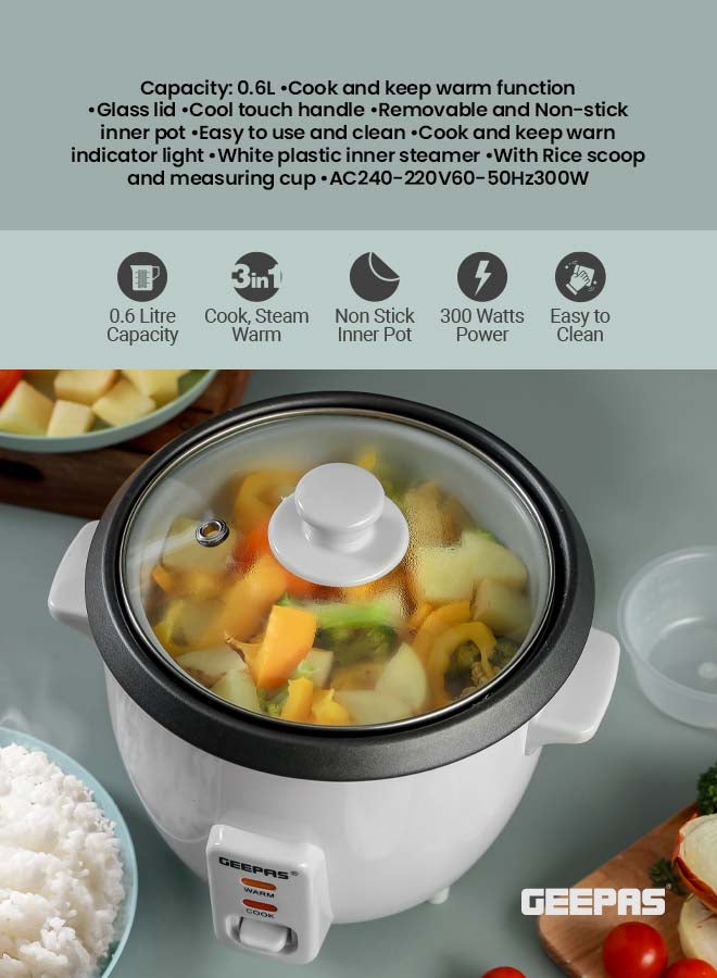 Multifunctional Rice Cooker With Non-Stick Inner Pot With Cool Touch Handle/Includes Cook And Keep Warm Functions, Equipped With Tempered Glass Lid, Rice Spoon, Plastic Inner Steamer And Measuring Cup 0.6 L 300 W GRC1828H White