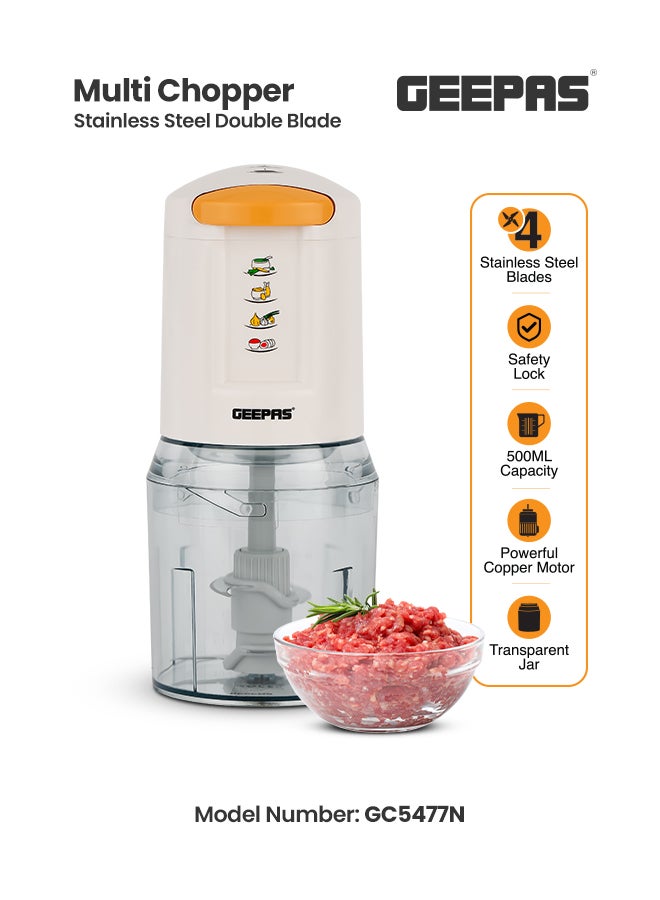 2 Speed Multi Chopper Mini Food Processor With 500ML Jar Capacity, 4 Stainless Steel Blades | Perfect For Blending & Chopping Fruits, Vegetables & More 0.5 L 500 W GC5477N Multicolour