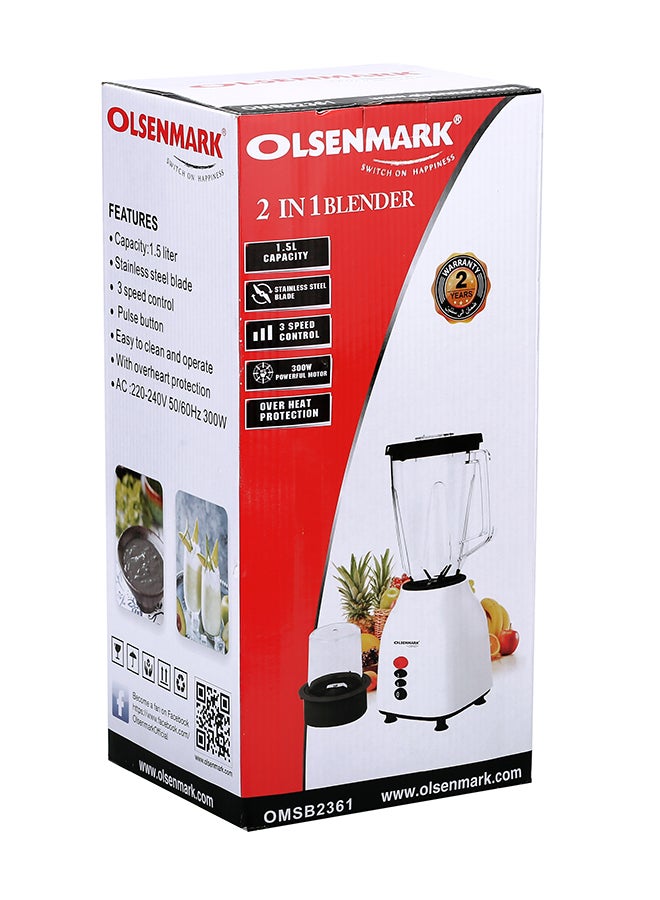 2-In-1 Multifunctional Blender -OLSENMARK OMSB2361, 300W Power, Stainless Steel Blades, 2 Speed Control With Pulse - 1.5L Jar, 1 Grinder Jar With Over Heat Protection And Safety Lock 1.5 L 300 W OMSB2361 White/Black