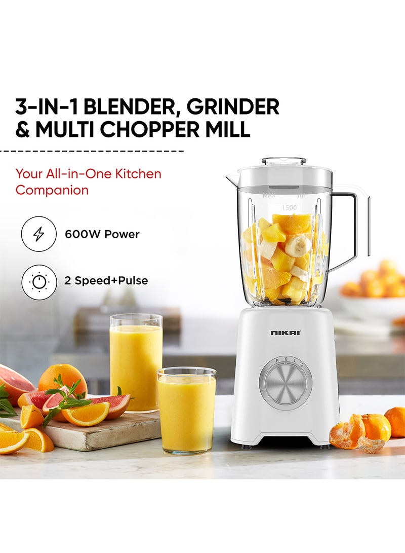 3-in-1 Blender with  1.5 Ltr Liquid Jar, 1 Coffee Grinder & 1 Meat Mincer, 2 Speeds, Stainless Blades, Unbreakable Jar, Perfect for Dry & Wet Fine Grinding, Mixing & Juicing 1.5 L 600 W NB1900NA1/ NB2900EB2 White/Clear