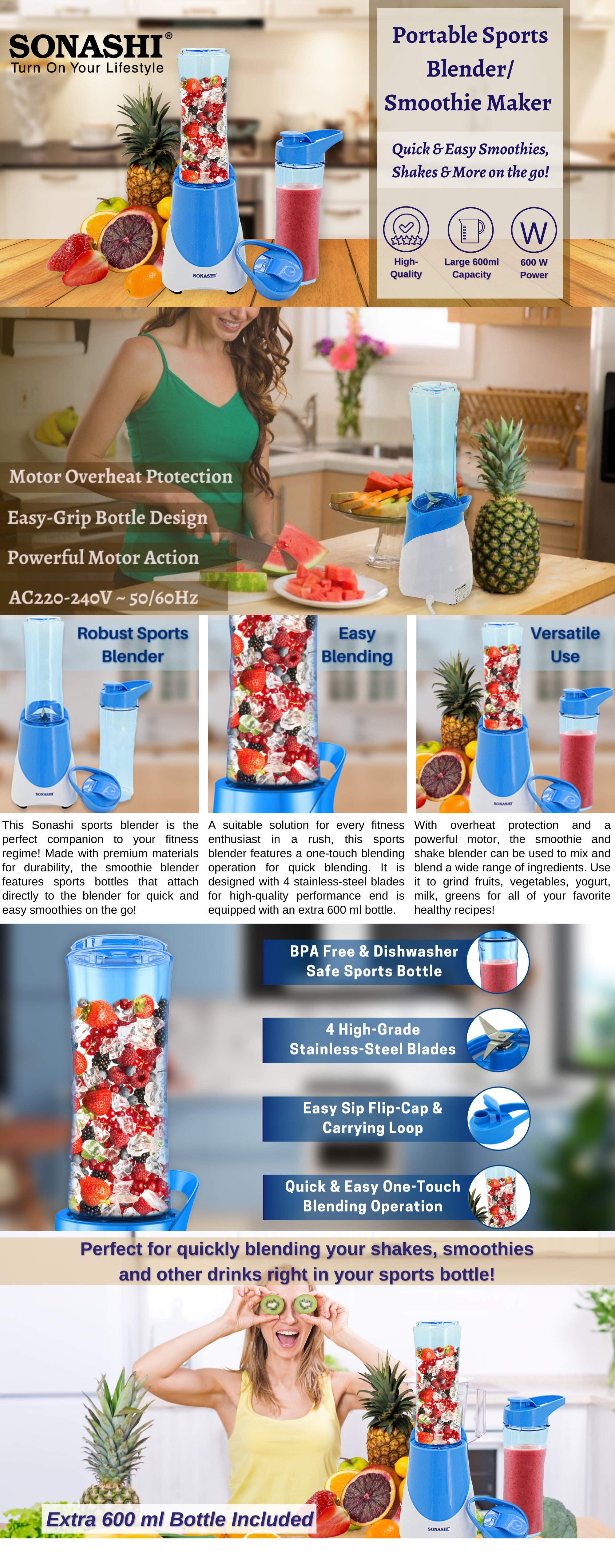 Sports Blender Smoothie Maker - Personal Blender with Portable Bottle | Includes Extra Sport Bottle (600ML) with Lid | Featured with Stainless Steel Blade, Safety Lock, and Overheat Protection 600 ml 300 W SB-164 Blue/White