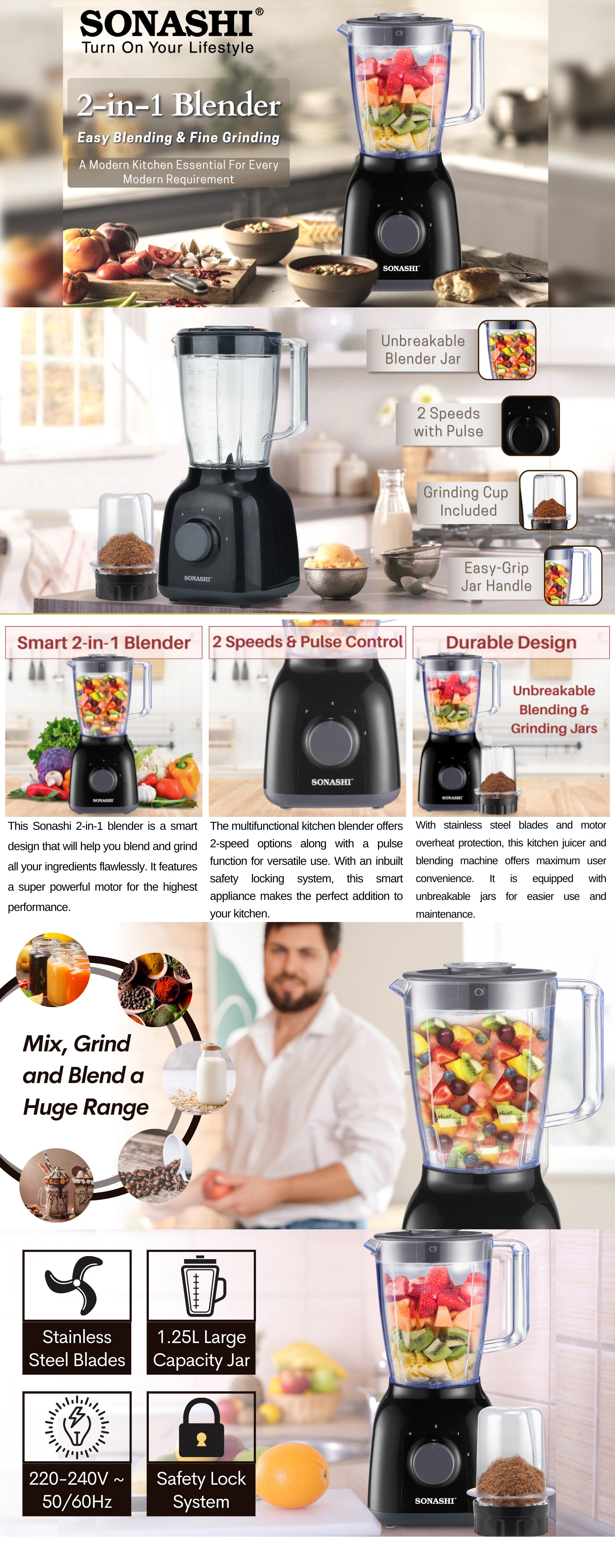 2 In 1 Blender With 2 Speed Setting And Pulse - Spice Grinding, Smoothie Making And Juicing 350-650 Watts | Unbreakable Blender Jars With Stainless Steel Blades | Safety Lock System 1.25 L 650 W SB-144N Black