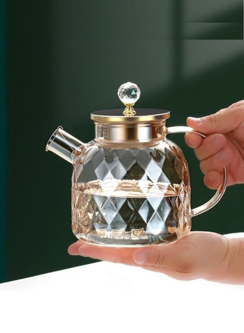 Heat Resistant Borosilicate Diamond Pattern Glass Teapot With Stainless Steel Strainer Lid And Infuser, 1200 ML