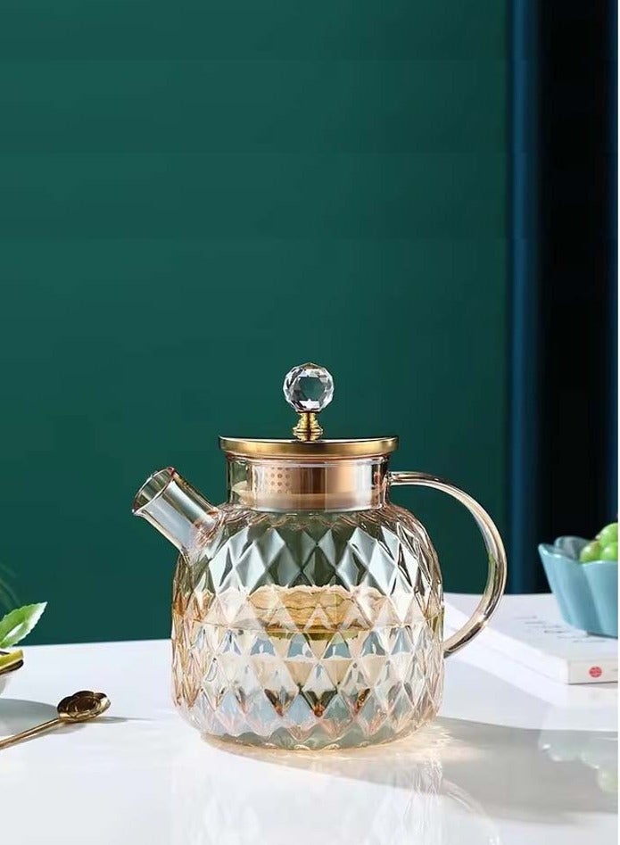 Heat Resistant Borosilicate Diamond Pattern Glass Teapot With Stainless Steel Strainer Lid And Infuser, 1200 ML