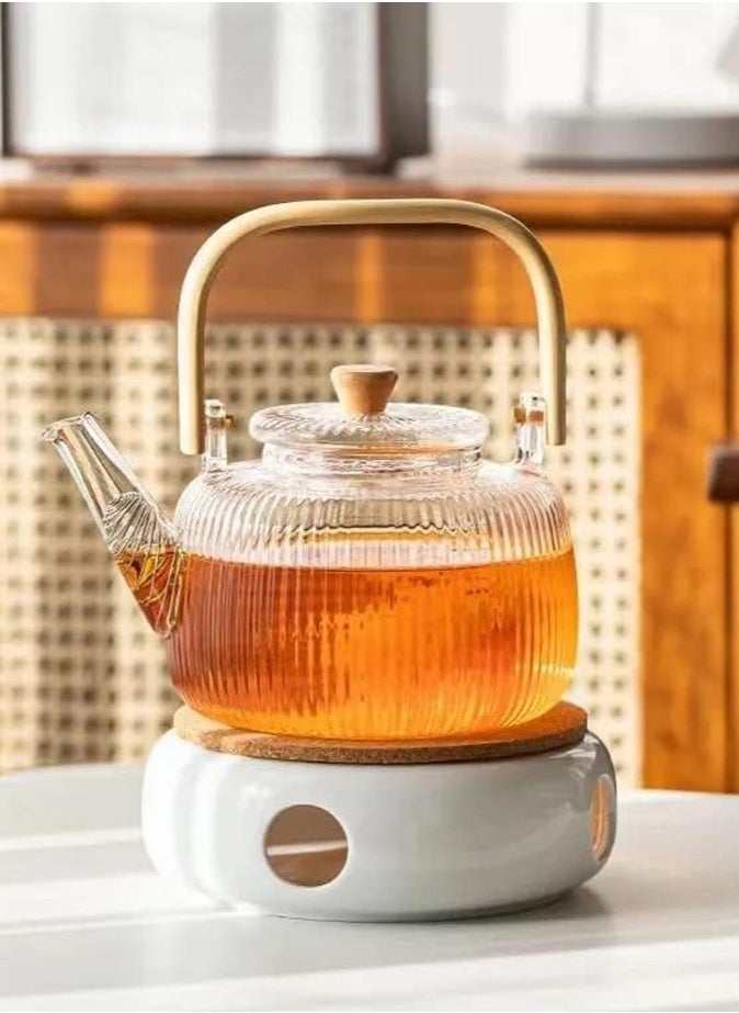 Borosilicate Stripe Glass Teapot With Bamboo Handle for Loose Leaf Tea, Blooming Tea, Flower Tea 1000 ML