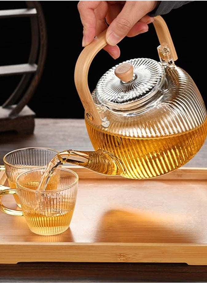 Borosilicate Stripe Glass Teapot With Bamboo Handle for Loose Leaf Tea, Blooming Tea, Flower Tea 1000 ML