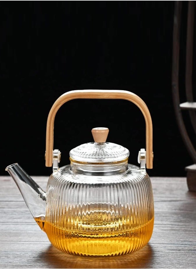 Borosilicate Stripe Glass Teapot With Bamboo Handle for Loose Leaf Tea, Blooming Tea, Flower Tea 1000 ML