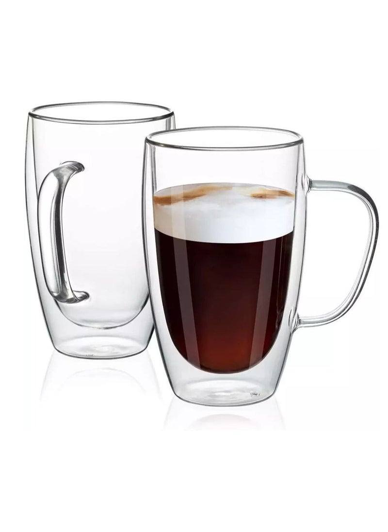 Double Walled Glass Coffee Mugs With Handle, Large Glass Tea Mug, Tall Insulated Coffee Mugs Perfect for Cappuccino, Macchiato, Latte, Tea, Juice, Iced & Hot Beverages, Set Of 2, 450 ML