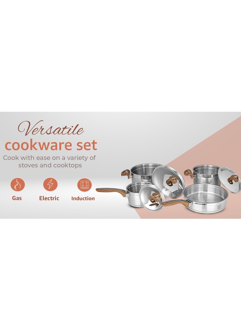 7 Pieces Stainless Steel Cookware Set, Stockpots Sauce Pan Frying Pans Glass Lids, Wooden Finish Bakelite Handles, Mirror Polished Finish, Dishwasher Safe, Compatible with Induction Cooktops, Serenk Definition Series