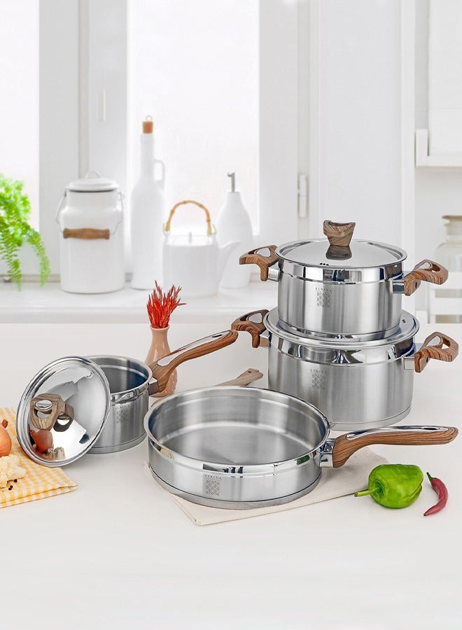 7 Pieces Stainless Steel Cookware Set, Stockpots Sauce Pan Frying Pans Glass Lids, Wooden Finish Bakelite Handles, Mirror Polished Finish, Dishwasher Safe, Compatible with Induction Cooktops, Serenk Definition Series