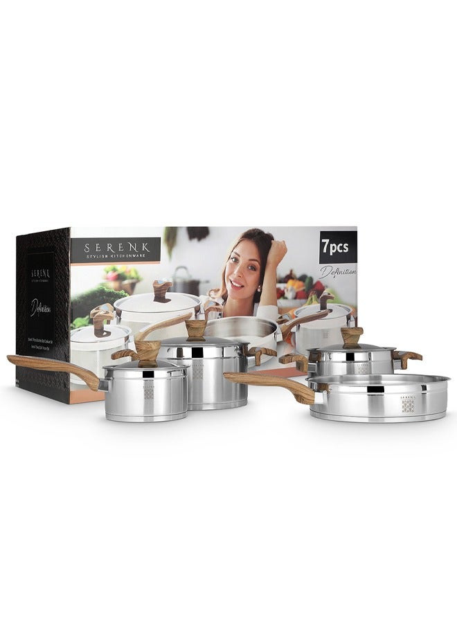 7 Pieces Stainless Steel Cookware Set, Stockpots Sauce Pan Frying Pans Glass Lids, Wooden Finish Bakelite Handles, Mirror Polished Finish, Dishwasher Safe, Compatible with Induction Cooktops, Serenk Definition Series
