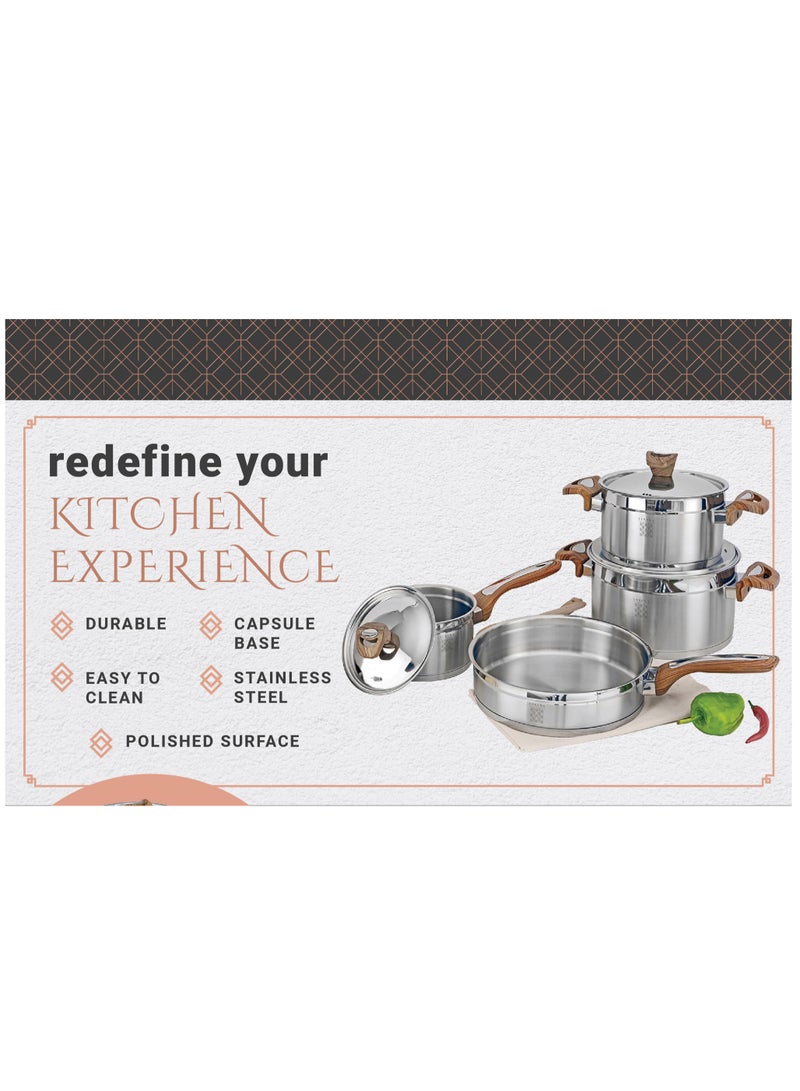 7 Pieces Stainless Steel Cookware Set, Stockpots Sauce Pan Frying Pans Glass Lids, Wooden Finish Bakelite Handles, Mirror Polished Finish, Dishwasher Safe, Compatible with Induction Cooktops, Serenk Definition Series