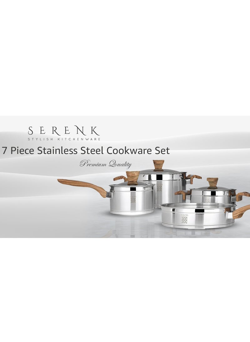 7 Pieces Stainless Steel Cookware Set, Stockpots Sauce Pan Frying Pans Glass Lids, Wooden Finish Bakelite Handles, Mirror Polished Finish, Dishwasher Safe, Compatible with Induction Cooktops, Serenk Definition Series