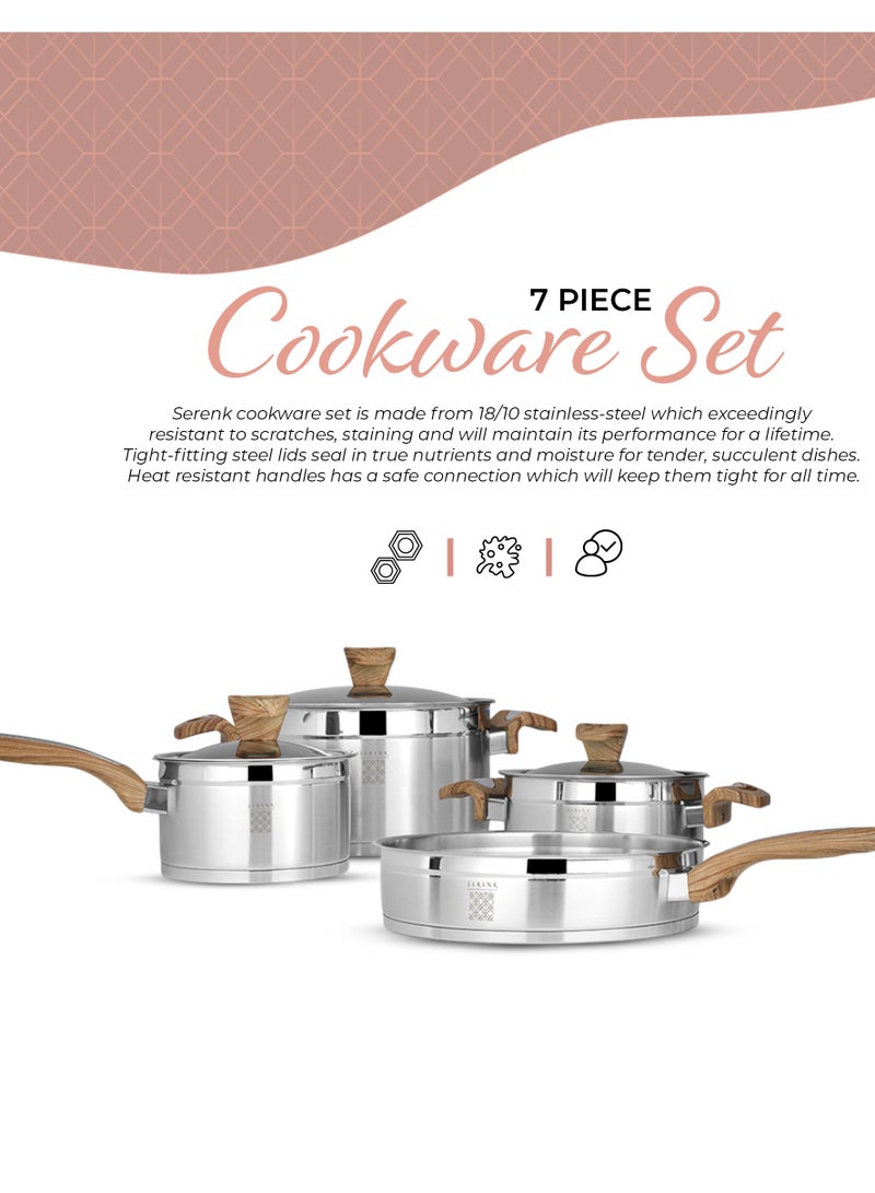 7 Pieces Stainless Steel Cookware Set, Stockpots Sauce Pan Frying Pans Glass Lids, Wooden Finish Bakelite Handles, Mirror Polished Finish, Dishwasher Safe, Compatible with Induction Cooktops, Serenk Definition Series