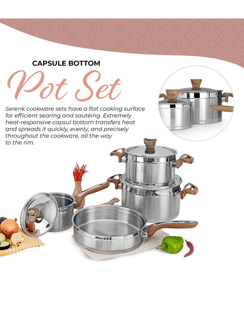 7 Pieces Stainless Steel Cookware Set, Stockpots Sauce Pan Frying Pans Glass Lids, Wooden Finish Bakelite Handles, Mirror Polished Finish, Dishwasher Safe, Compatible with Induction Cooktops, Serenk Definition Series