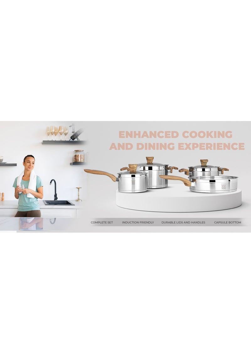 7 Pieces Stainless Steel Cookware Set, Stockpots Sauce Pan Frying Pans Glass Lids, Wooden Finish Bakelite Handles, Mirror Polished Finish, Dishwasher Safe, Compatible with Induction Cooktops, Serenk Definition Series
