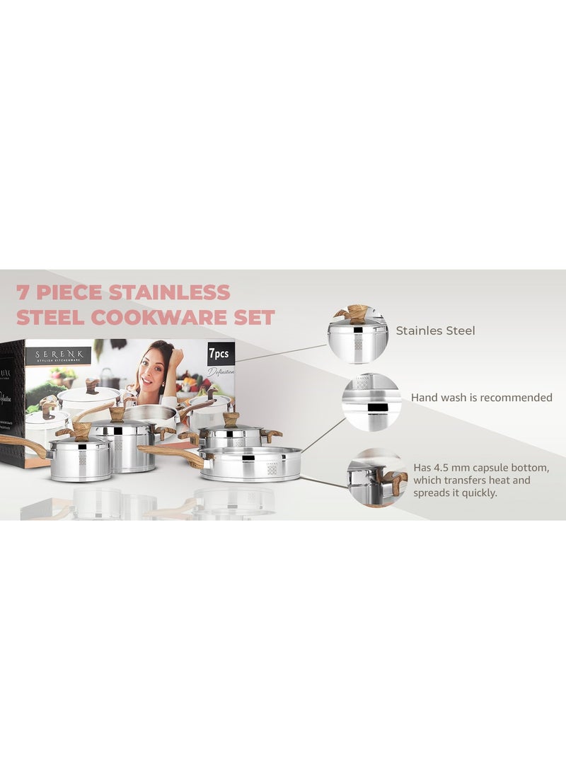 7 Pieces Stainless Steel Cookware Set, Stockpots Sauce Pan Frying Pans Glass Lids, Wooden Finish Bakelite Handles, Mirror Polished Finish, Dishwasher Safe, Compatible with Induction Cooktops, Serenk Definition Series