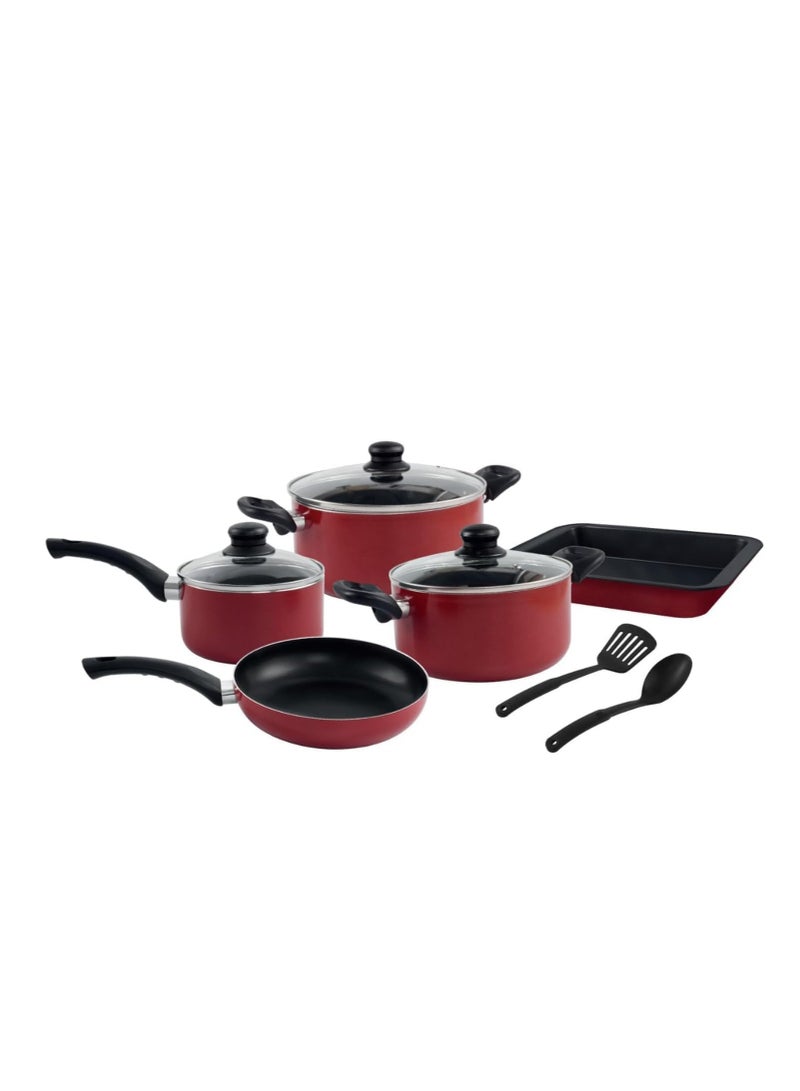 Non-Stick 10pc Cookware Set Kitchen Cooking Pot Fry Pan Milk Pot with Glass Lid and Spatulas Bake Pan Spatula BL010