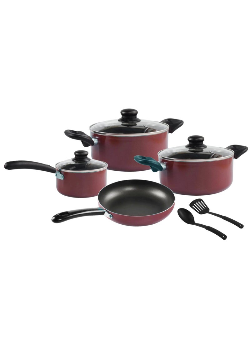 Non-Stick 9pc Cookware Set Kitchen Cooking Pot Fry Pan Milk Pot and Spatulas, Red, Aluminum, Tempered Glass Lids, HLCP07P9