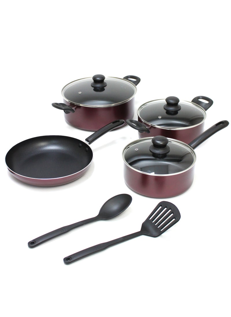 Non-Stick 9pc Cookware Set Kitchen Cooking Pot Fry Pan Milk Pot and Spatulas, Red, Aluminum, Tempered Glass Lids, HLCP07P9