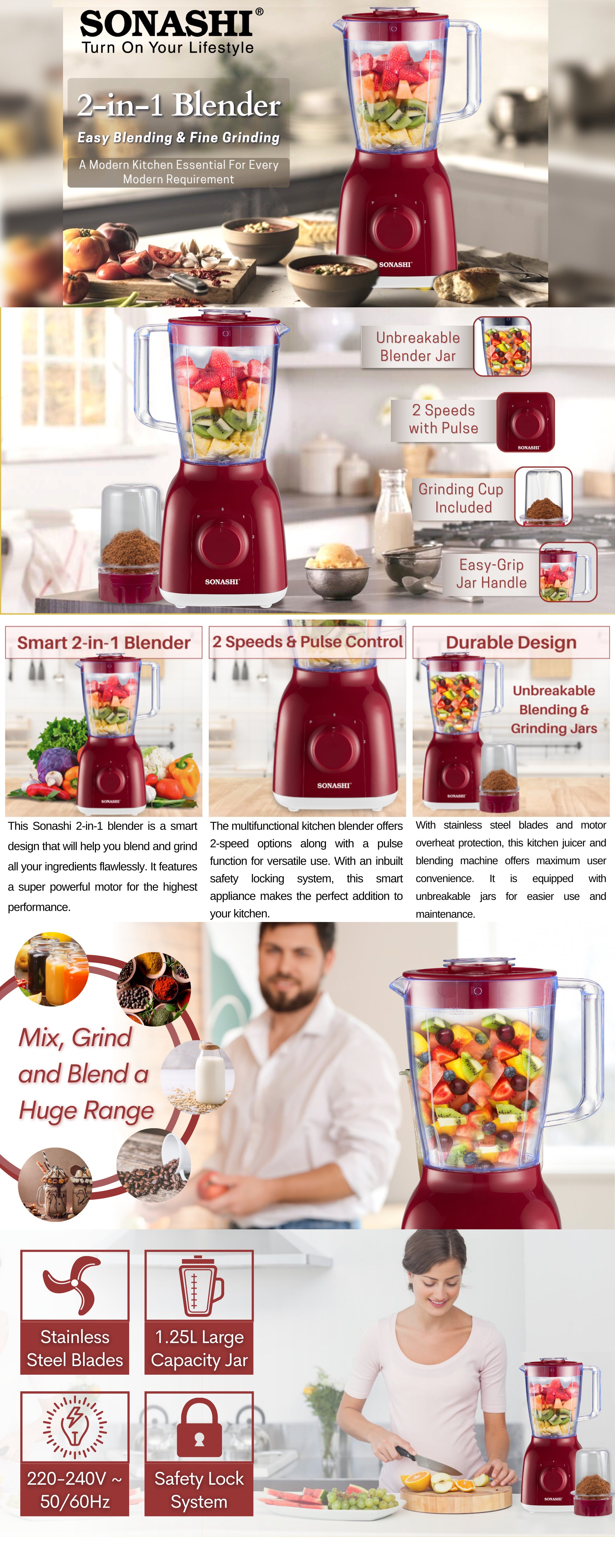 2 In 1 Blender With 2 Speed Setting And Pulse - Spice Grinding, Smoothie Making And Juicing 350-650 Watts | Unbreakable Blender Jars With Stainless Steel Blades | Safety Lock System 1.25 L 650 W SB-144N Red